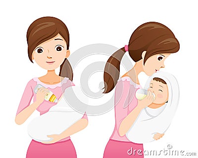 Mother Feeding Baby With Milk In Baby Bottle, Front And Side Vie Vector Illustration